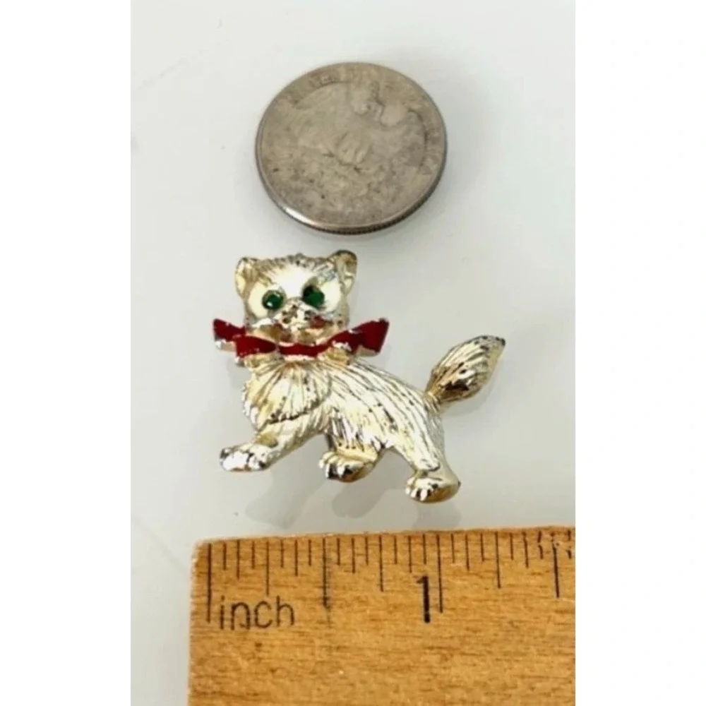 Vintage Mid-Century Cat Brooch Set 2 Rhinestone Pavé Sitting Cat Textured Gold